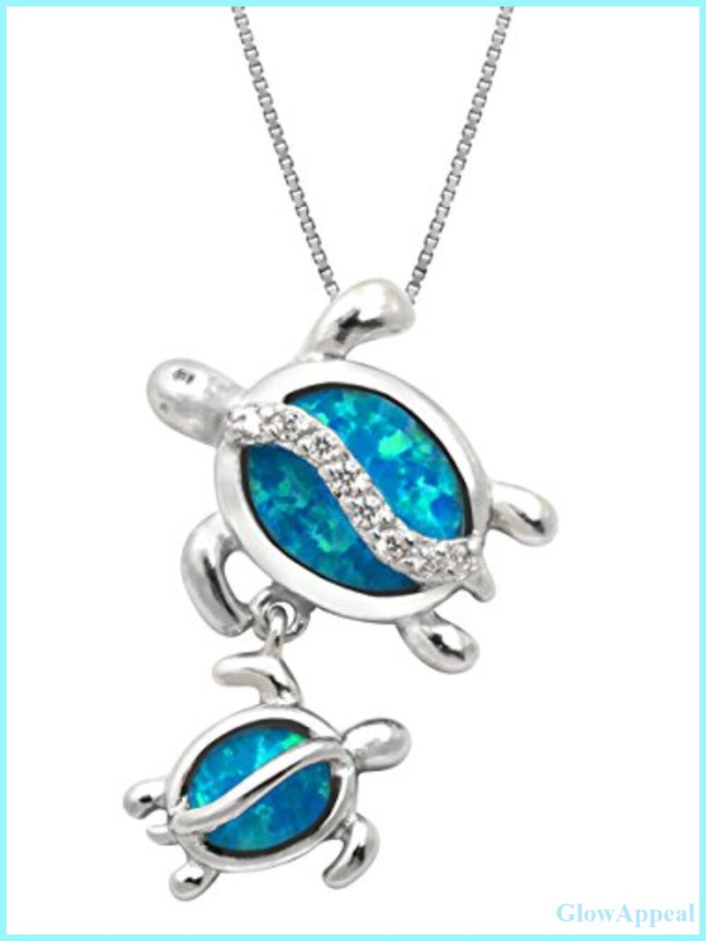 Sterling Silver Turtle Pendant Necklace Simulated Blue Opal CZ 18" Chain
